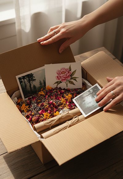 Hands lifting the lid of a Phool envelope box filled with prints, dried petals and paper scrolls
