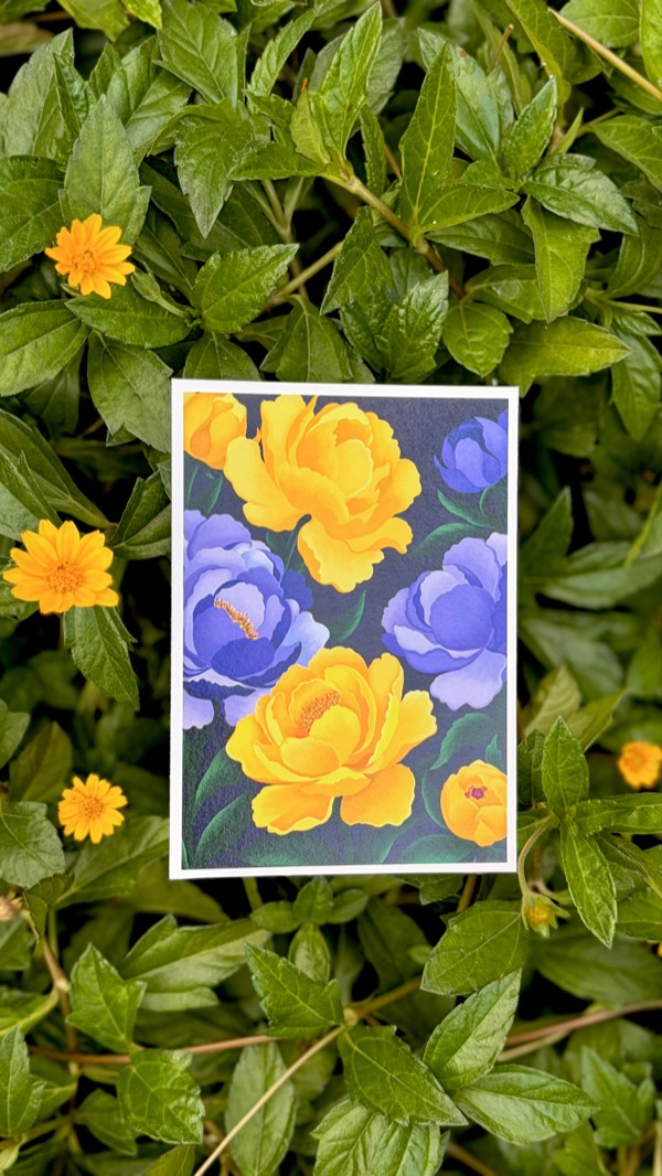 A card of yellow and blue peonies with a white border, resting on green leaves among small yellow flowers